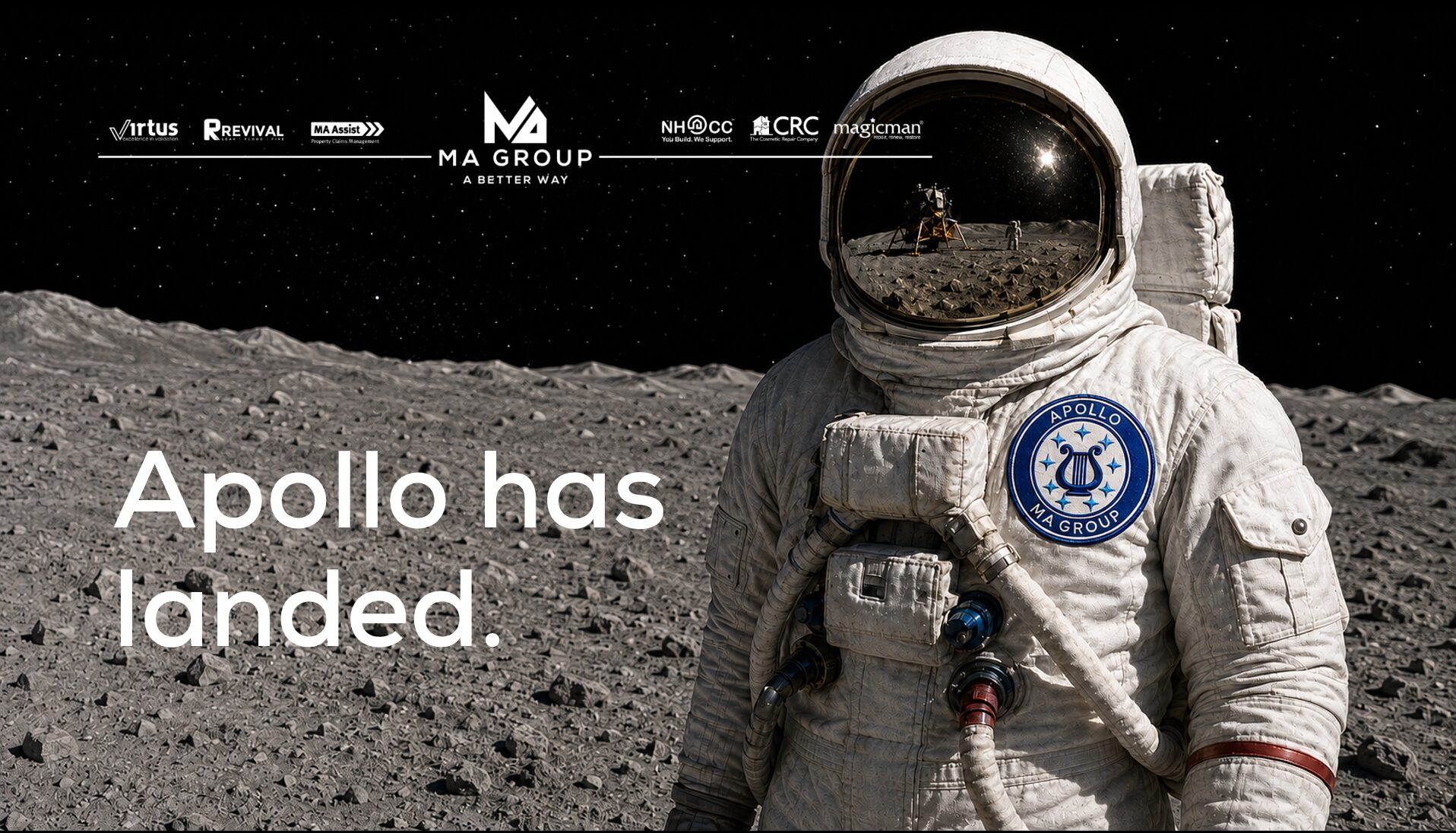 APOLLO has landed: an astronaut on the Moon wearing an APOLLO MA Group badge, under the MA Group brand logos