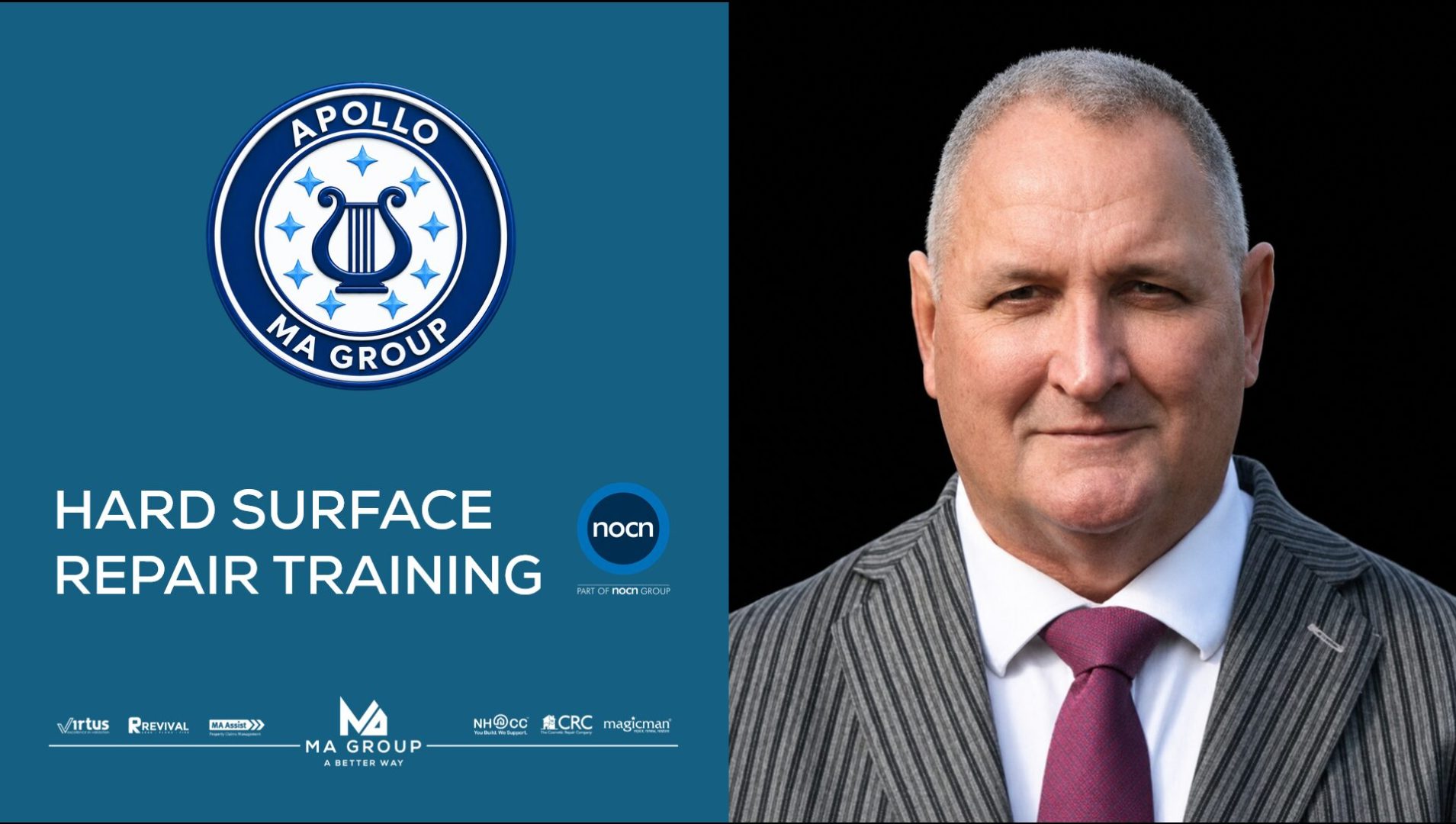 Mark Henderson beside the APOLLO MA Group logo and the NOCN Hard Surface Repair Training title
