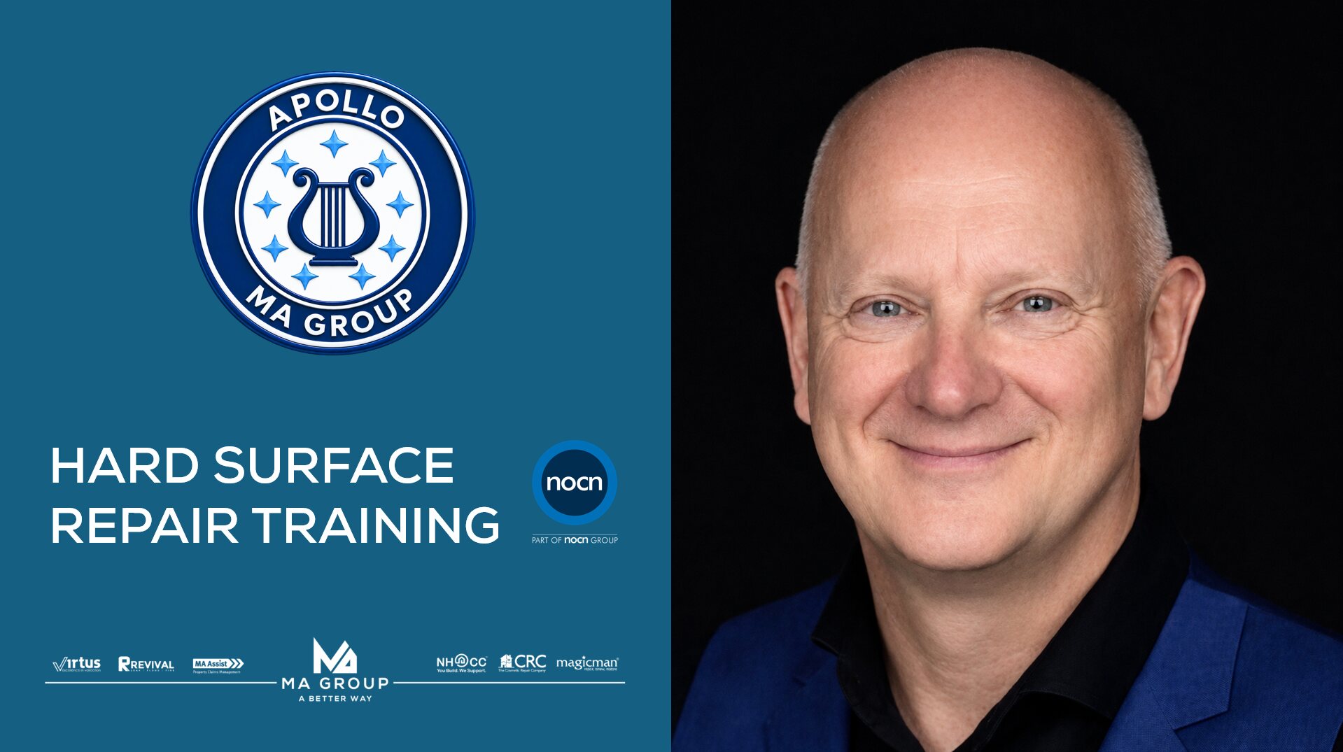Paul Hayman, MA Group Chief Executive, with the APOLLO logo and the NOCN Hard Surface Repair Training title
