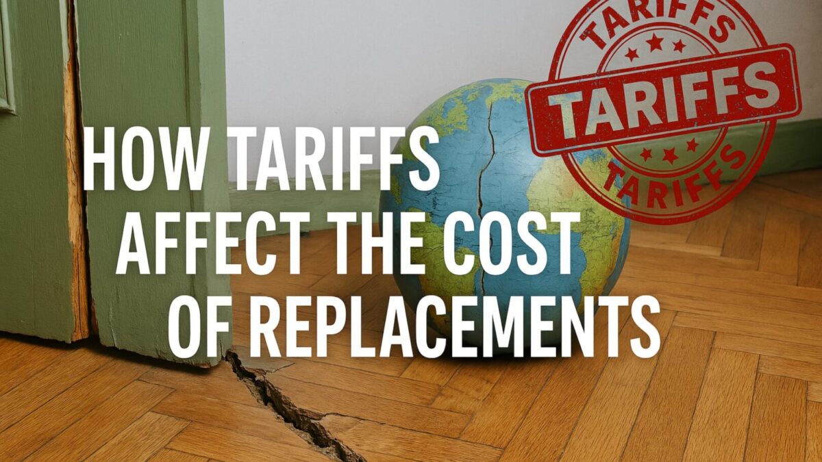 llustration of damaged household items with “Tariffs” stamp overlay, symbolising the rising cost of replacements and the benefits of repair.