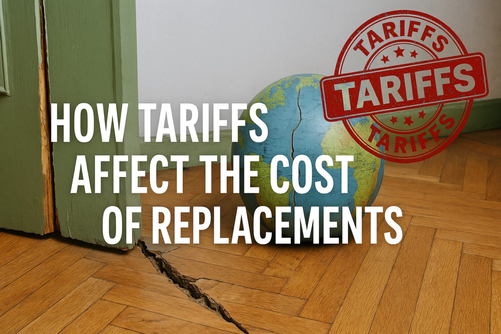 llustration of damaged household items with “Tariffs” stamp overlay, symbolising the rising cost of replacements and the benefits of repair.